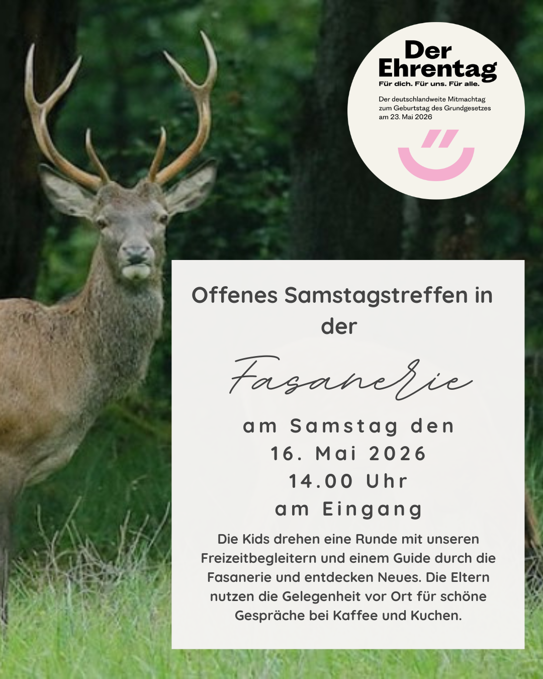 Führung mit einem Guide durch die Fasanerie für die Kids und für die Eltern Kaffee und Kuchen vor Ort.